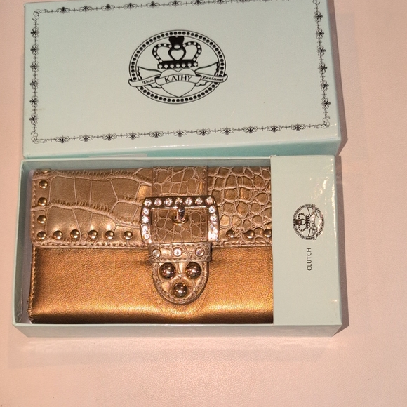 Kathy Van Zeeland Handbags - Kathy Vanzeeland Gold Clutch/Wallet With Rhinestones